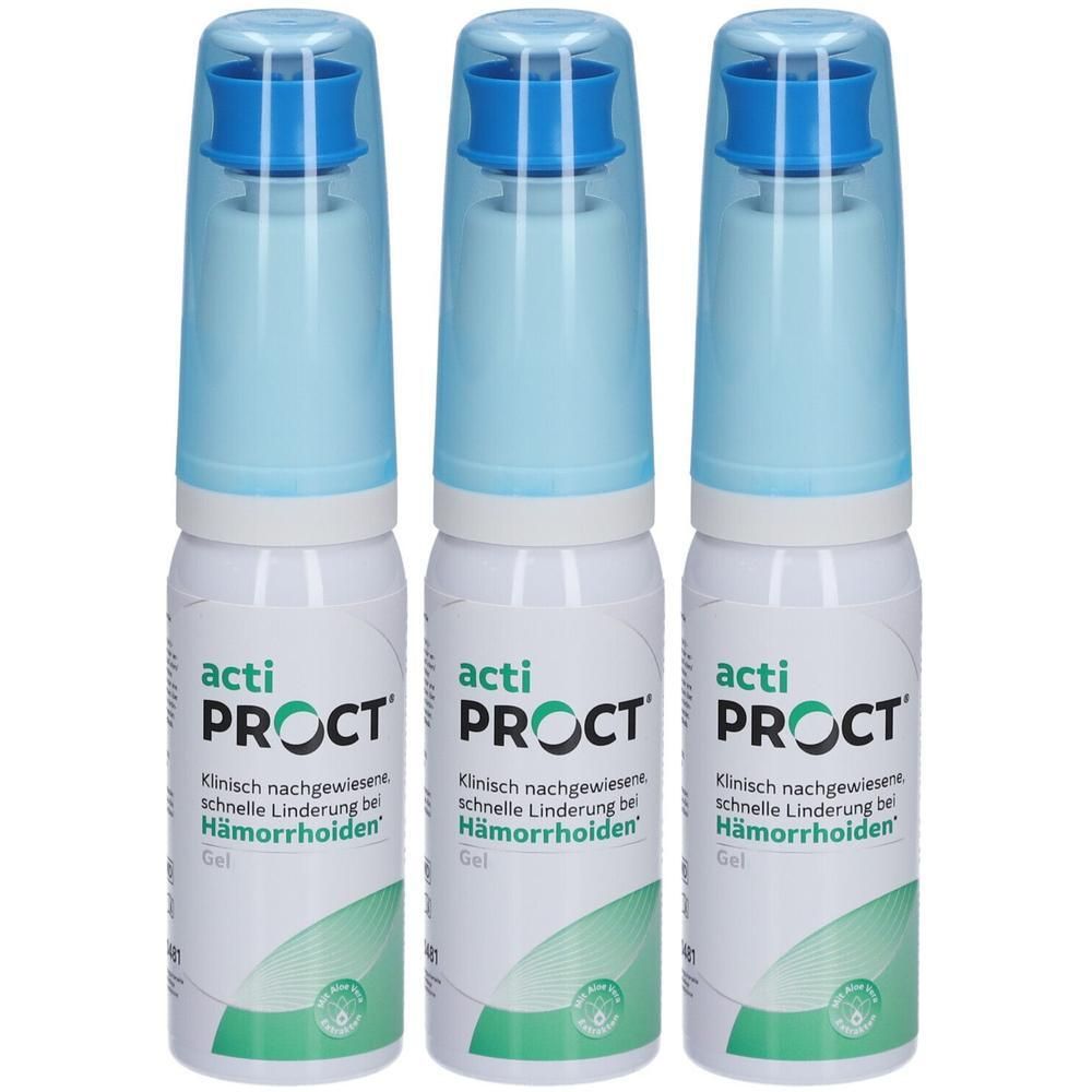 Drei Sprühflaschen mit blauem Deckel. Aufschrift: acti PROCT. Text: Klinisch nachgewiesene schnelle Linderung bei Hämorrhoiden. Gel.