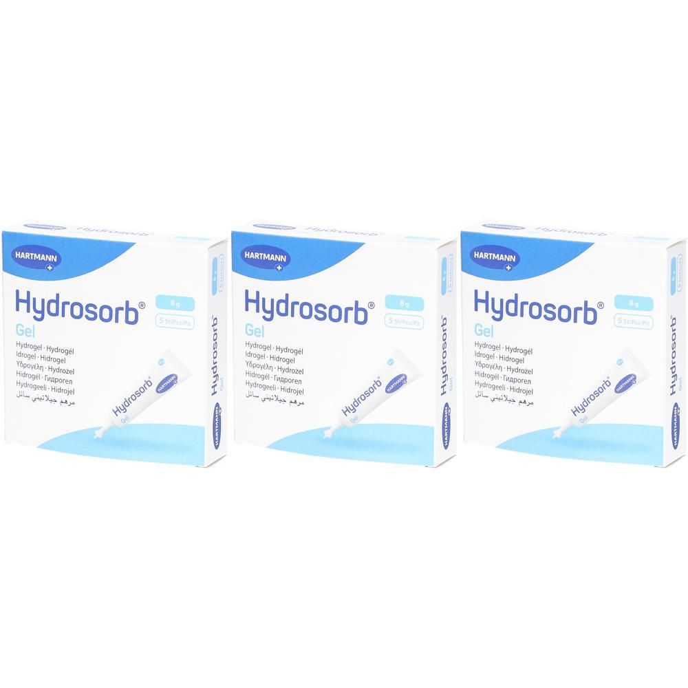 Drei Kartons HARTMANN® Hydrosorb® Gel. Jeder Karton enthält eine Tube Gel. Blaue und weiße Verpackung mit Produktnamen und Logo.