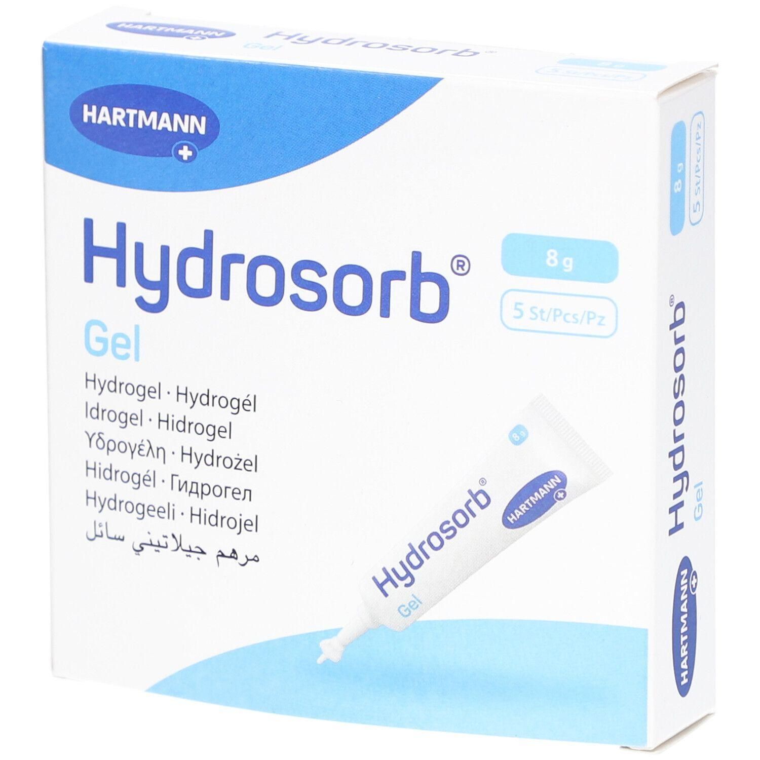Weiße Verpackung mit blauem Akzent. Enthält eine Tube Gel und die Aufschrift "Hydrosorb Gel" und "HARTMANN".
