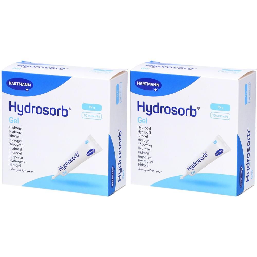 Zwei Kartons mit HARTMANN Hydrosorb Gel. Auf jeder Packung ist ein Gel-Tütchen abgebildet. Blaue und weiße Verpackung mit Produktnamen.