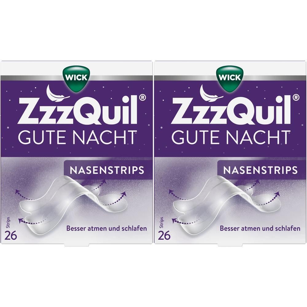 Zwei Packungen WICK ZzzQuil Gute Nacht Nasenstrips. Jede Packung enthält 26 Strips. Verpackung mit Produktnamen und Logo.