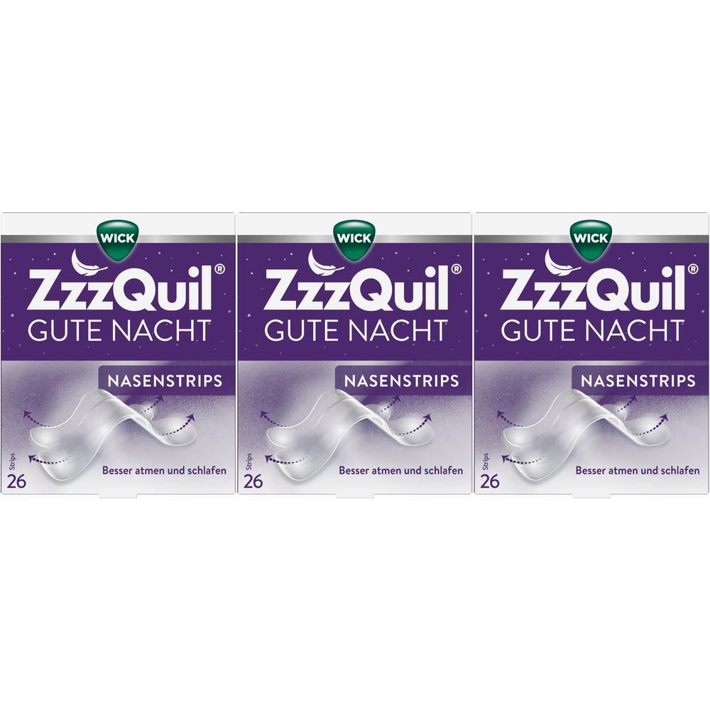 Drei Packungen WICK ZzzQuil Gute Nacht Nasenstrips. Jede Packung enthält 26 Strips. Aufschrift: Besser atmen und schlafen.