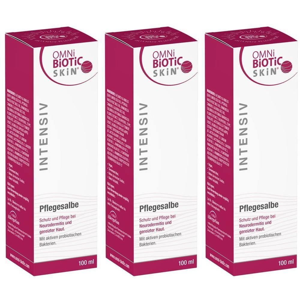 Drei Packungen OMNi-BiOTiC SKiN Intensiv-Pflegesalbe. Rote und weiße Verpackung mit Produktnamen und Text. 100 ml.