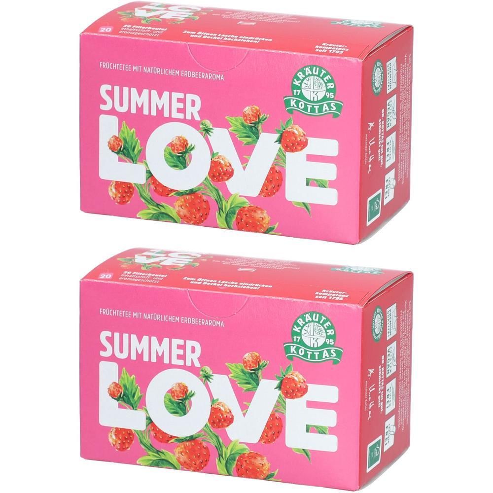 Zwei rechteckige Kartons mit rosa Hintergrund und Aufschrift SUMMER LOVE. Logo von Kräuterhaus KOTTAS. Erdbeer-Illustrationen.