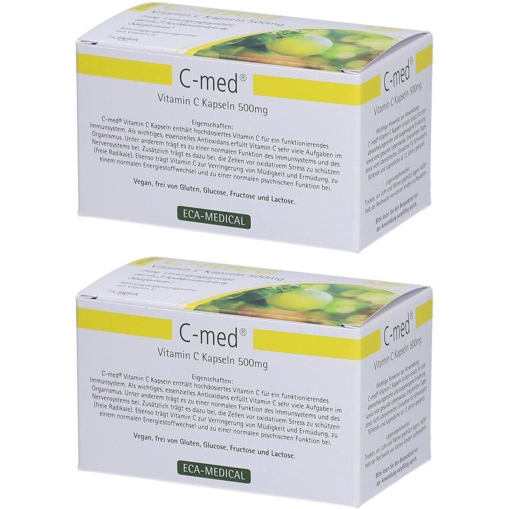 Zwei Schachteln C-med Vitamin C Kapseln 500mg. Weiße Verpackung mit gelben Akzenten und Produktinformationen. Vegan, frei von Gluten, Laktose, Fructose.