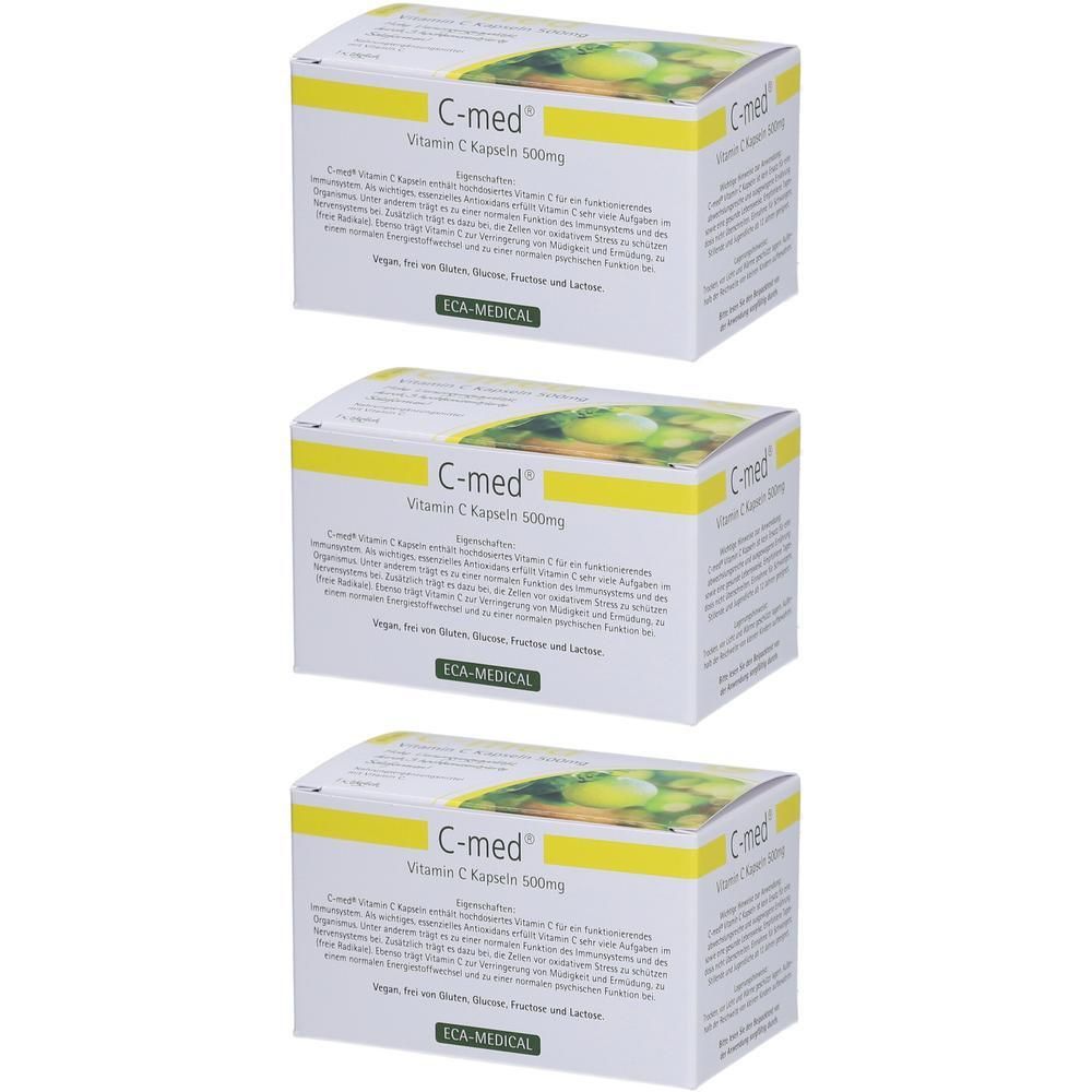 Drei Schachteln C-med Vitamin C Kapseln 500 mg. Weiße Verpackung mit gelbem Streifen und Produktinformationen. FCA-MEDICAL Logo.
