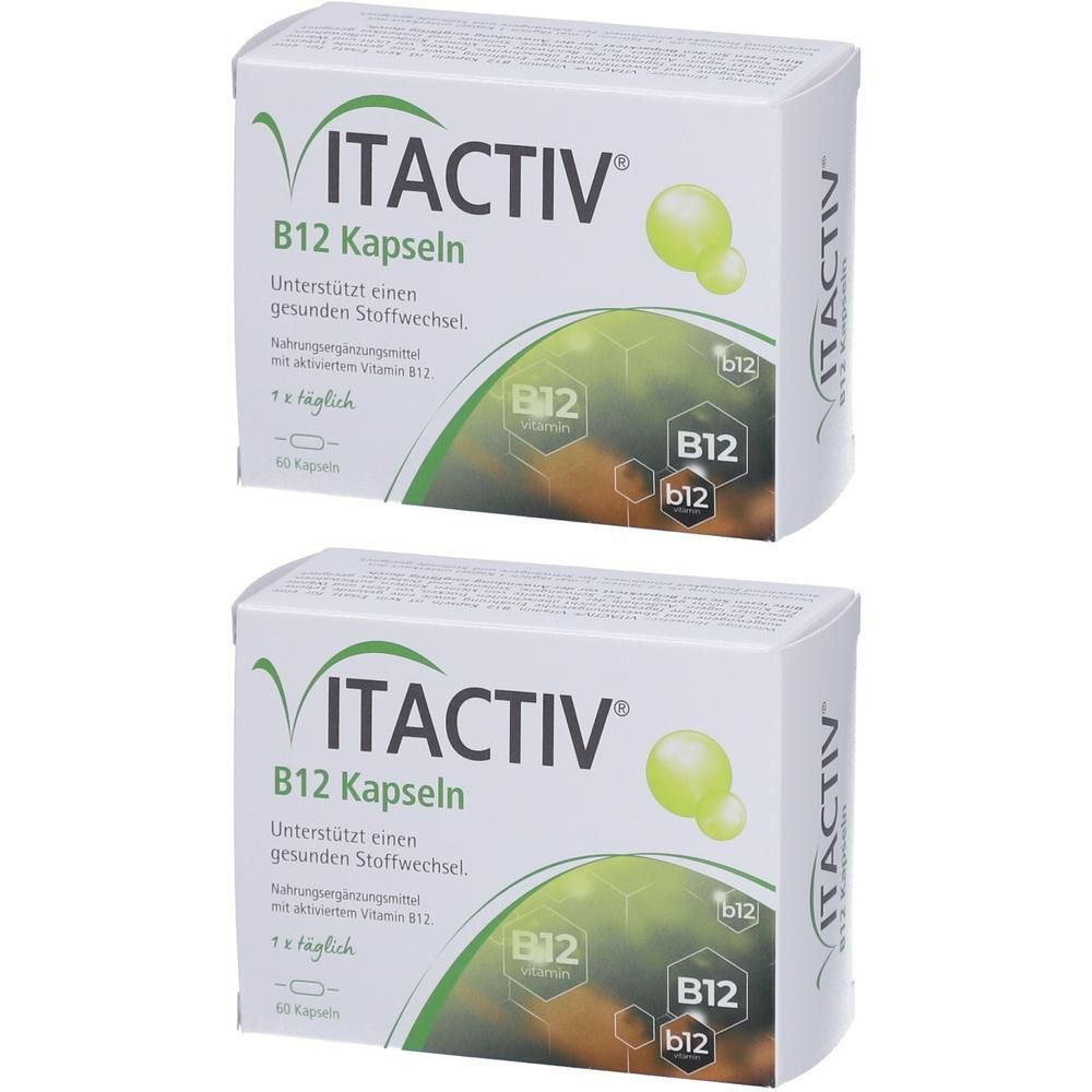 Zwei weiße Schachteln mit VITACTIV B12 Kapseln. Aufdruck: B12, unterstützt gesunden Stoffwechsel. 60 Kapseln.