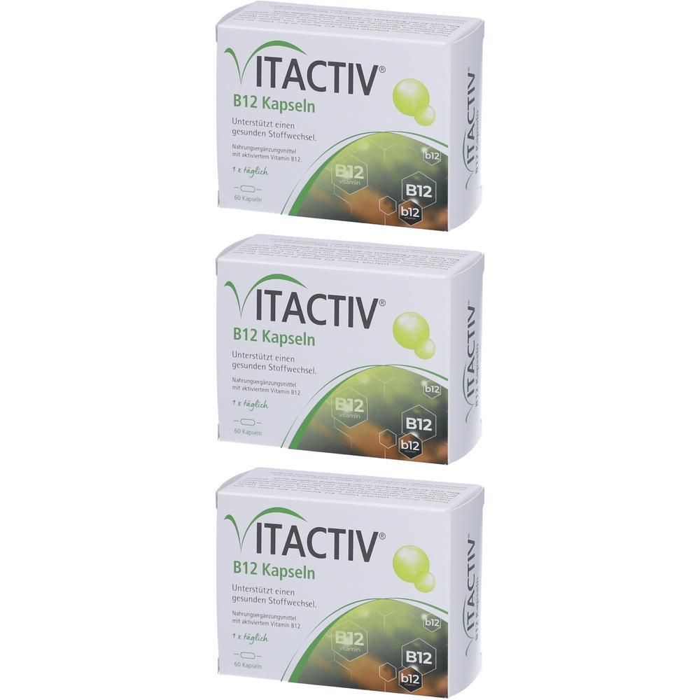 Drei Schachteln VITACTIV B12 Kapseln. Weiße Verpackung mit grünen und gelben Elementen. Aufschrift: B12 Kapseln.