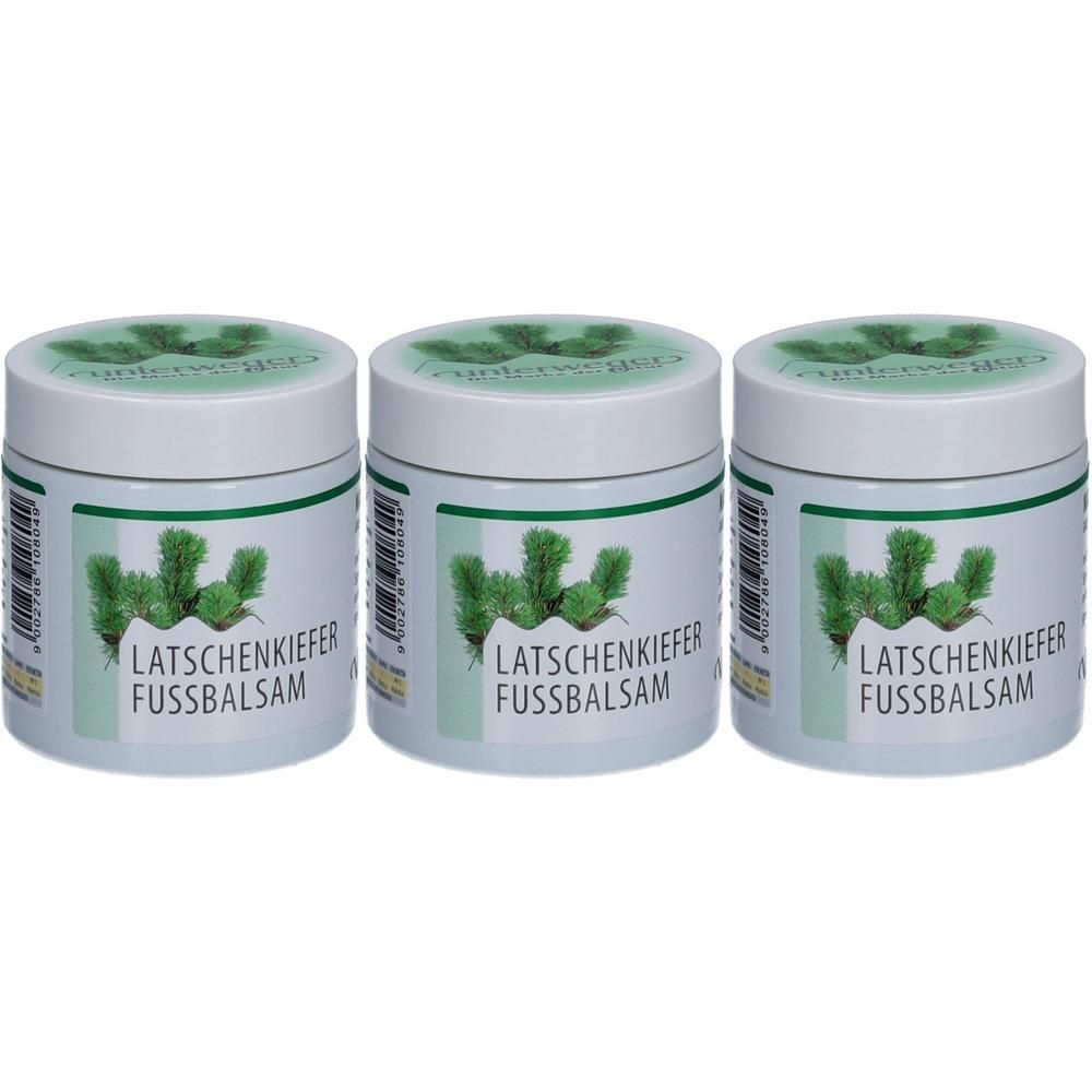Drei weiße Tiegel mit grünem Deckel und Etikett. Aufschrift: Latschkiefer Fußbalsam. Abbildung von Nadelzweigen.