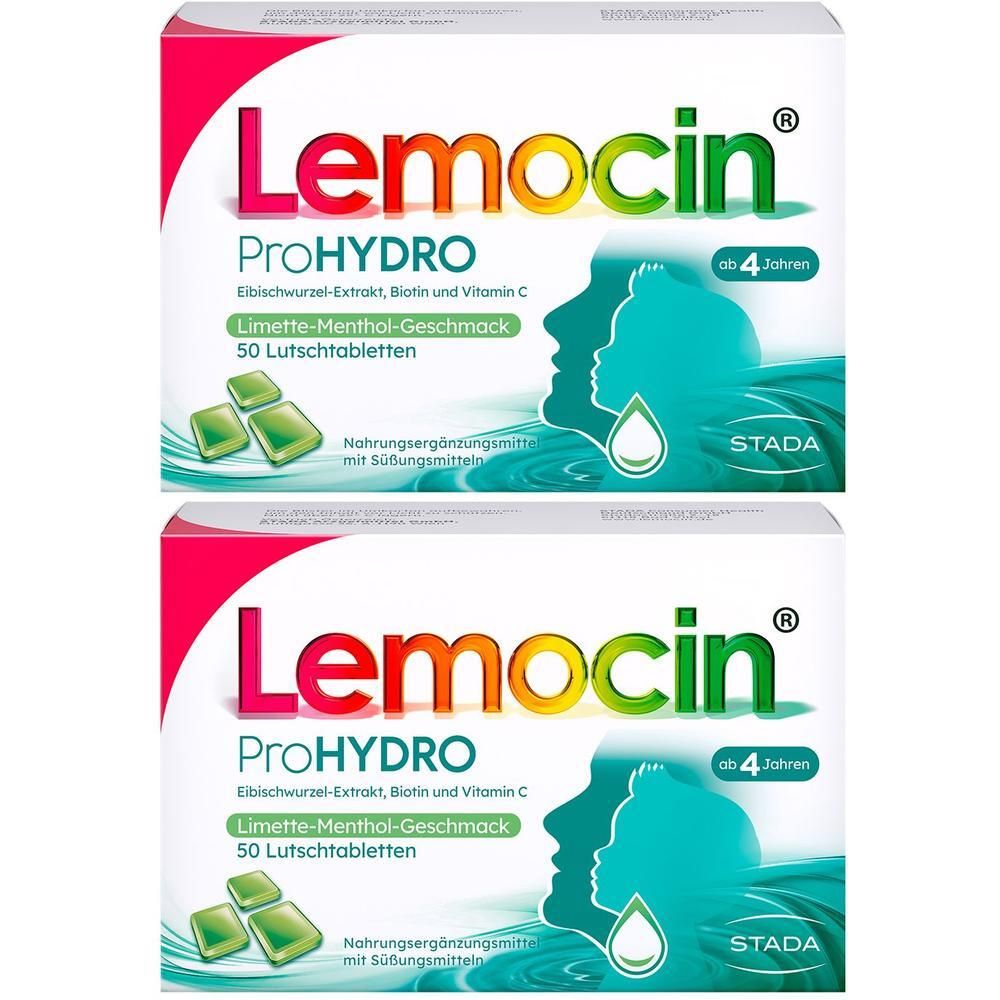 Zwei Packungen Lutschtabletten. Aufdruck: Lemocin ProHYDRO, 50 Lutschtabletten, ab 4 Jahren. Grün-weiße Verpackung.