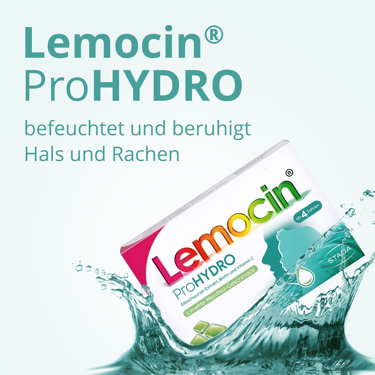 Packung Lutschtabletten im Wasser. Aufdruck: Lemocin ProHYDRO, ab 4 Jahren. Wasser spritzt.