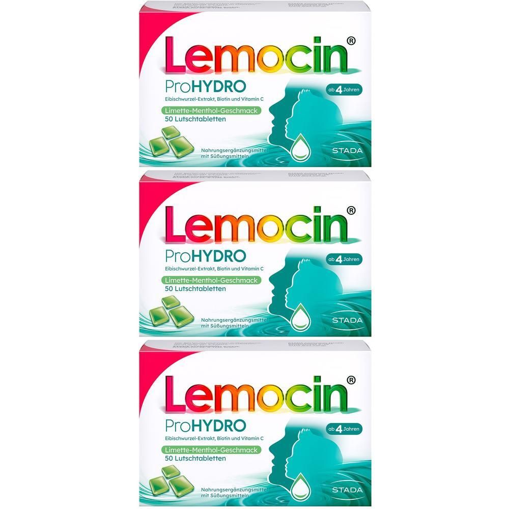Drei Packungen Lutschtabletten. Aufdruck: Lemocin ProHYDRO, Eibischwurzel-Extrakt, Biotin, Vitamin C. 50 Lutschtabletten. Ab 4 Jahren.