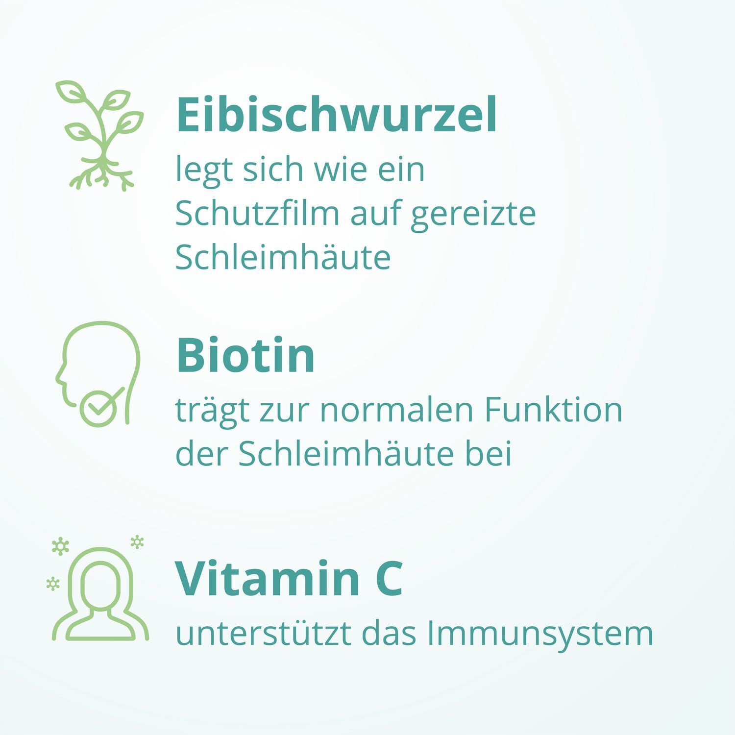 Grafik mit Inhaltsstoffen. Eibischwurzel, Biotin, Vitamin C. Text: Unterstützt die normale Funktion der Schleimhäute und das Immunsystem.