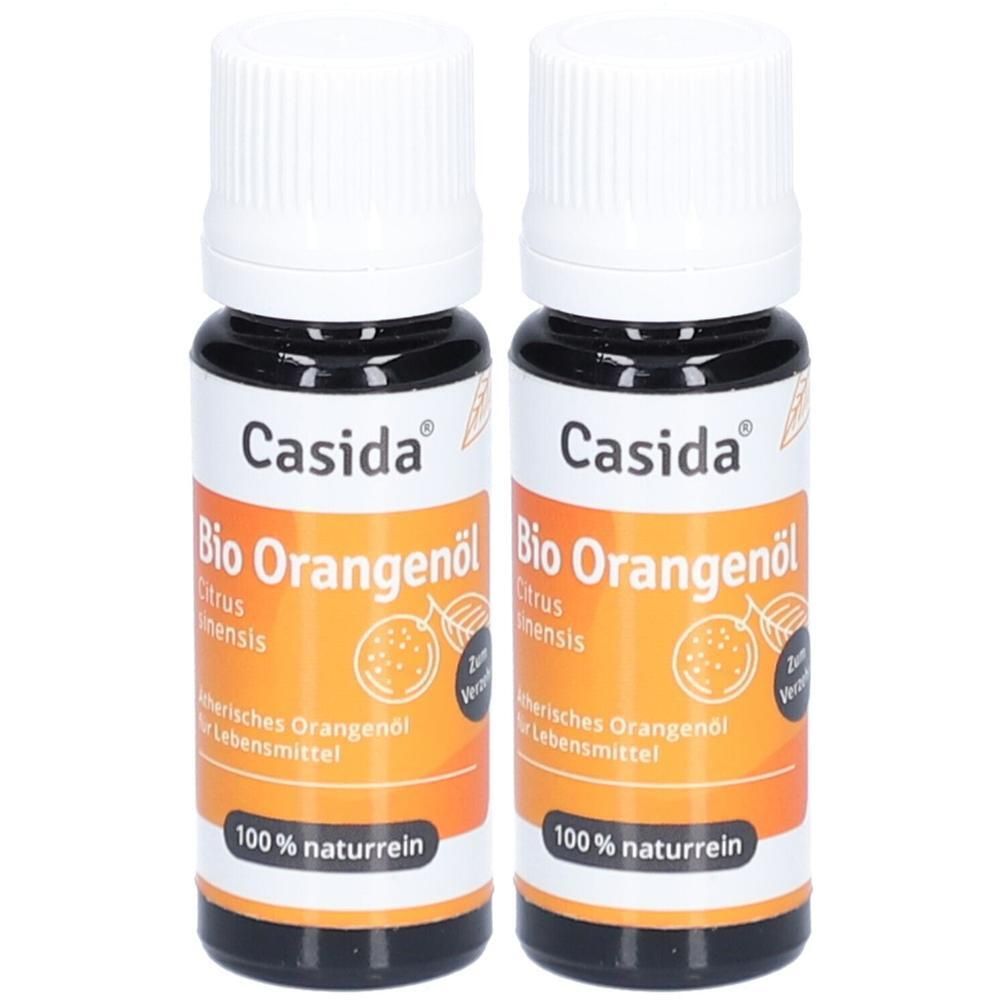 Zwei Flaschen mit weißem Deckel und schwarzem Glas. Aufschrift: Casida Bio Orangenöl, 100% naturrein.