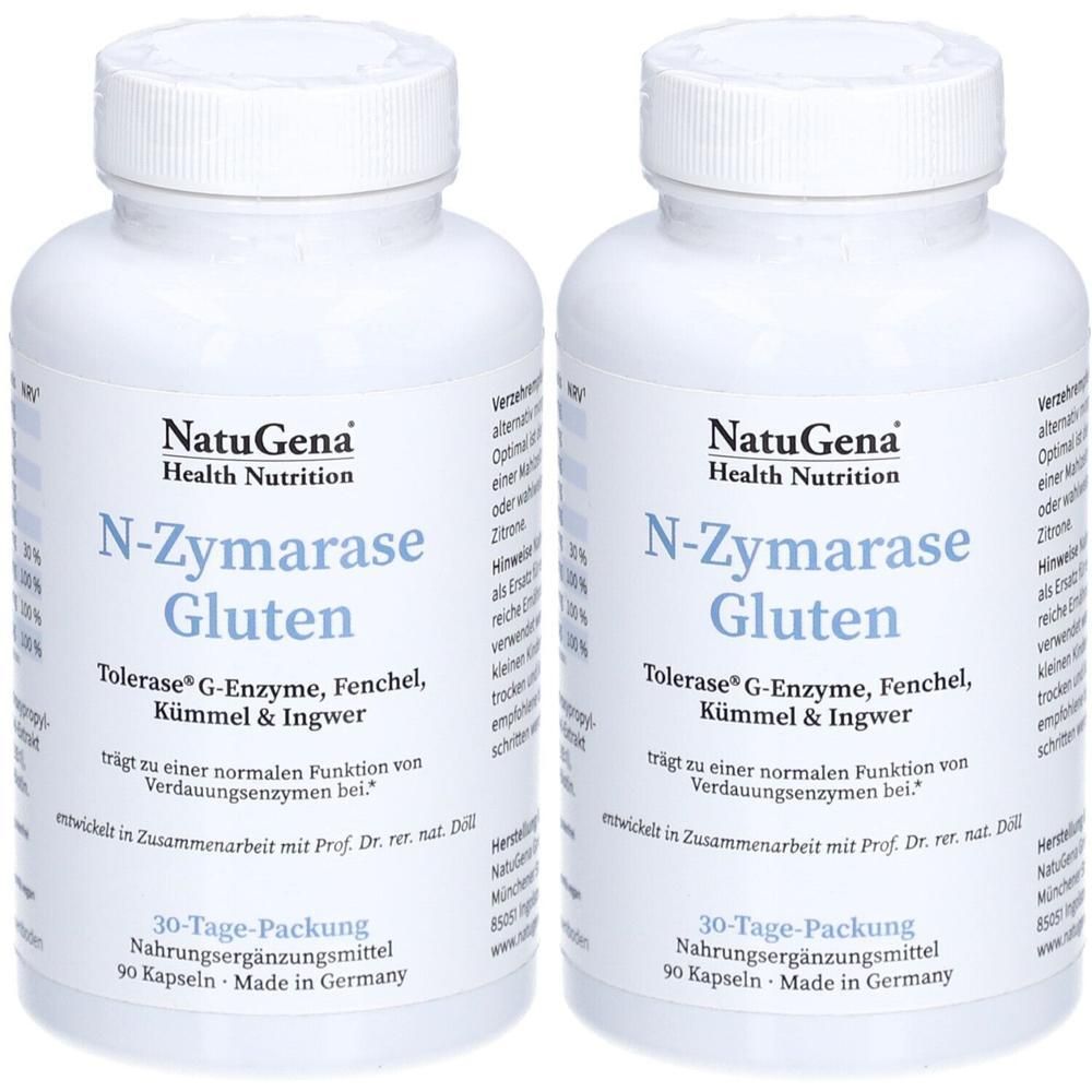 Zwei weiße Flaschen mit Etiketten. Aufschrift: NatuGena N-Zymarase Gluten. Enthält Enzyme, Fenchel, Kümmel und Ingwer. 90 Kapseln.