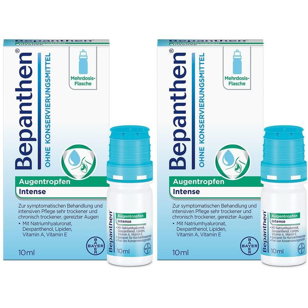 Zwei Packungen Bepanthen Augentropfen Intense, Flaschen und Verpackung mit Produktinformationen.