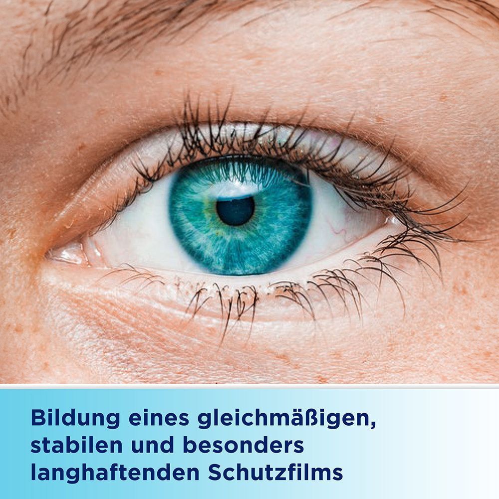 Nahaufnahme eines Auges. Text: Bildung eines gleichmäßigen, stabilen und besonders langhaftenden Schutzfilms.