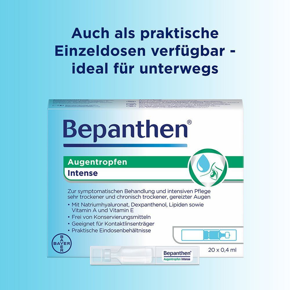 Verpackung von Bepanthen Augentropfen Intense. Text: Auch als praktische Einzeldosen verfügbar - ideal für unterwegs.
