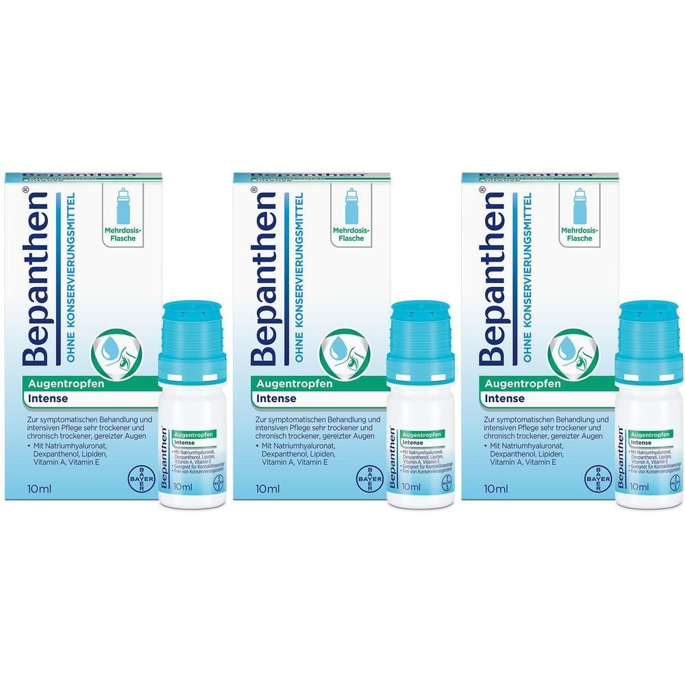 Drei Packungen und Flaschen Bepanthen® Augentropfen Intense. Flaschen mit blauem Verschluss und weißer Verpackung.