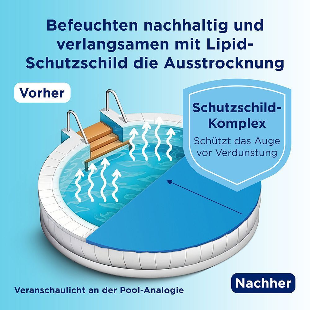 Grafik: Pool-Analogie. Vorher: Wasser verdunstet. Nachher: Schutzschild-Komplex schützt das Auge vor Verdunstung.