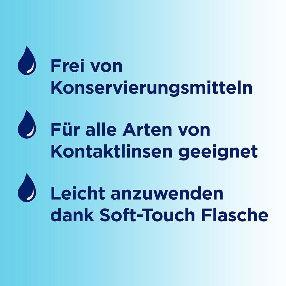 Grafik mit drei Tropfen. Text: Frei von Konservierungsmitteln, für alle Arten von Kontaktlinsen geeignet, Soft-Touch Flasche.