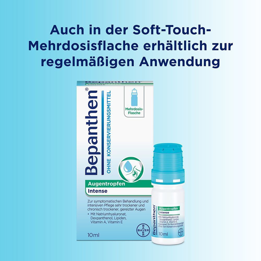 Produkt mit Flasche und Packung. Text: Auch in der Soft-Touch-Mehrdosisflasche erhältlich zur regelmäßigen Anwendung.