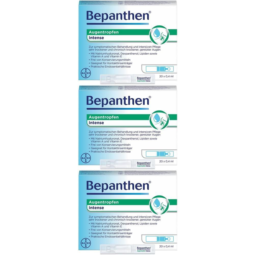 Drei Schachteln Bepanthen® Augentropfen Intense. Jede Schachtel enthält 30 Einzeldosis-Ophtiolen.