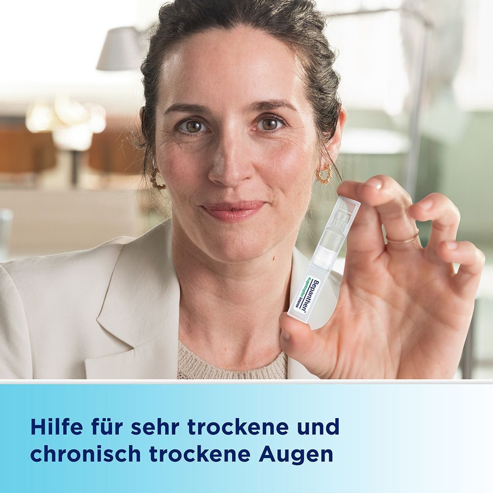Frau hält eine Einzeldosis-Ophtiole Bepanthen® Augentropfen Intense. Text: Hilfe für sehr trockene Augen.