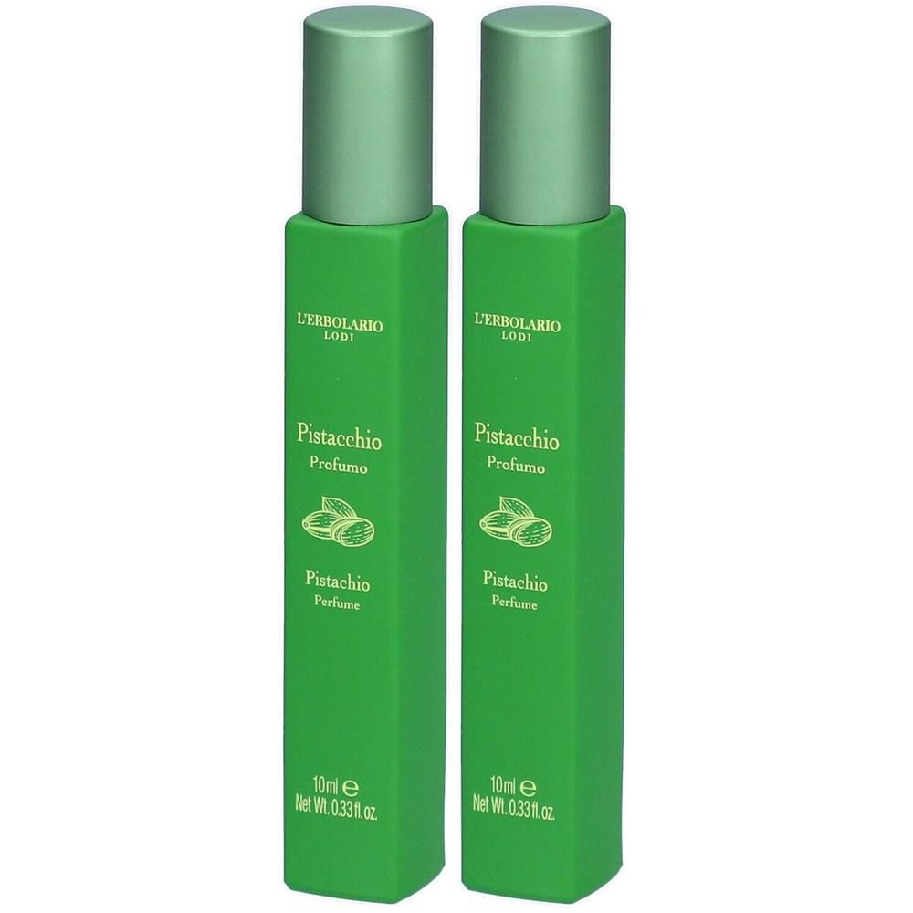 Zwei grüne Flakons mit grünen Kappen. Aufschrift: Pistacchio Profumo, L'Erbolario Lodi. 10ml.