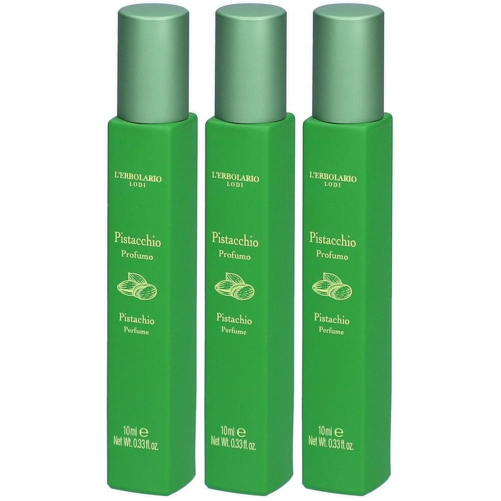 Drei grüne Flakons mit hellgrünen Kappen. Aufschrift: Pistacchio Profumo. Marke: L'Erbolario Lodi. 10ml.