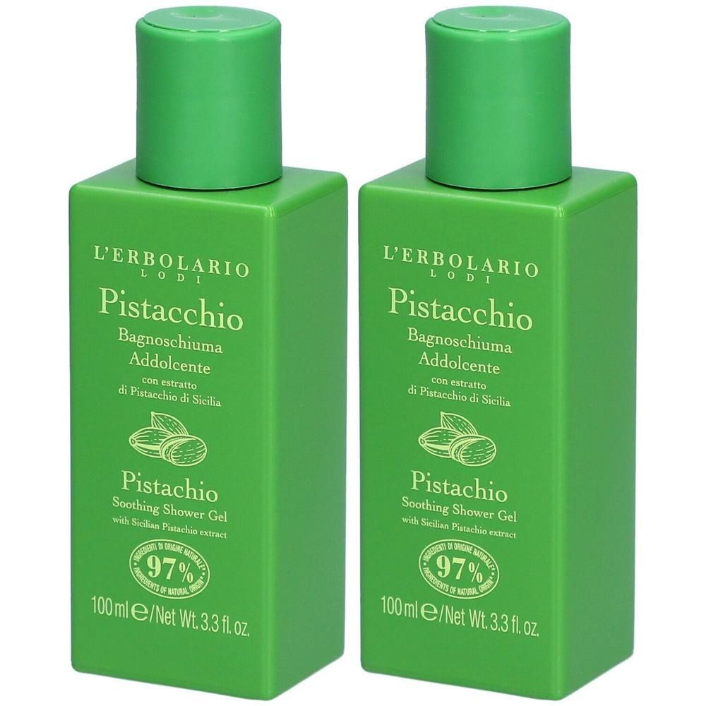 Zwei grüne Flaschen L'Erbolario Pistacchio Duschgel. Aufschrift: Pistacchio, 97% Inhaltsstoffe natürlichen Ursprungs.