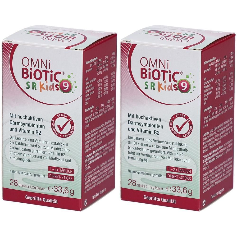 Zwei rechteckige Kartons. Aufschrift: OMNi-BiOTiC SR Kids 9. Enthält hochaktive Darmsymbionten und Vitamin B2. 28 Sticks.