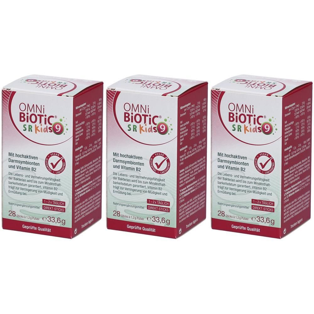 Drei rechteckige Kartons mit der Aufschrift OMNi-BiOTiC SR Kids 9. Rote und weiße Verpackung mit Produktinformationen und Logo.