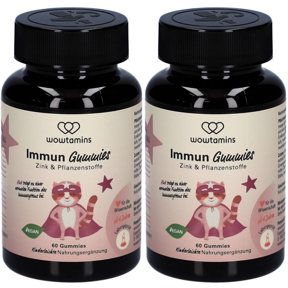 Zwei Flaschen Wowtamins Immun Gummies mit Zink & Pflanzenstoffen. Jede Flasche enthält 60 Gummies.