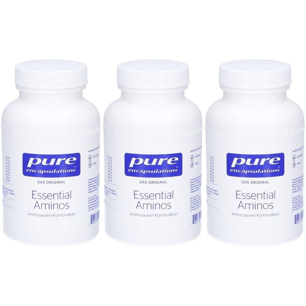 Drei weiße Flaschen mit Schraubverschluss. Auf jeder Flasche steht „pure encapsulations“ und „Essential Aminos“ in blauer Schrift.