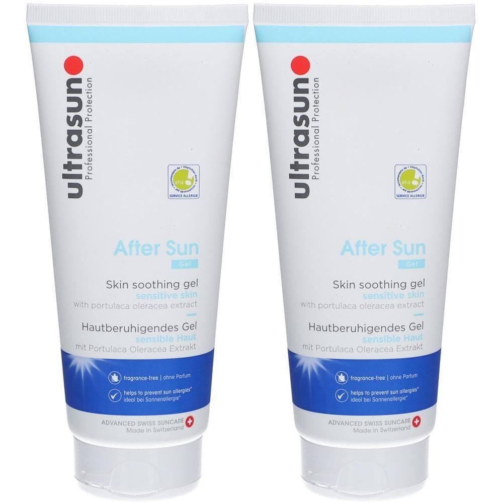 Zwei Tuben Ultrasun After Sun Skin soothing gel für empfindliche Haut. Mit Portulaca Oleracea Extrakt.