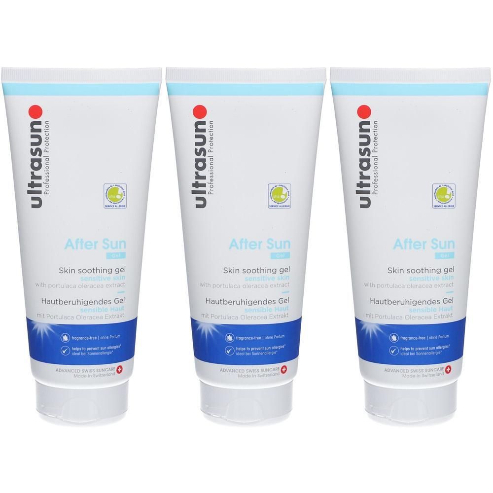 Drei Tuben Ultrasun After Sun Hautberuhigendes Gel mit Portulaca Oleracea Extrakt.