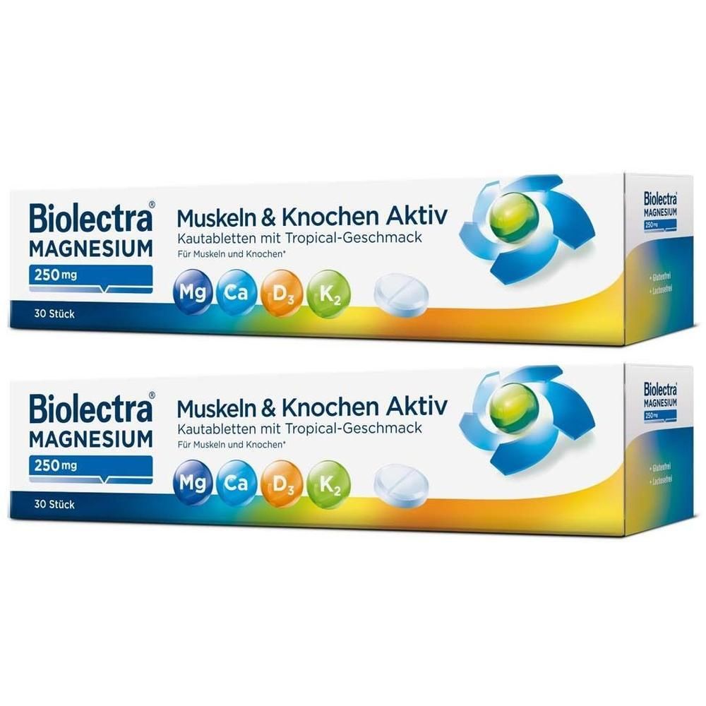 Zwei Packungen Biolectra Magnesium 250mg Muskeln & Knochen Aktiv. Jede Packung enthält 30 Tabletten. Gelb-blaue Verpackung mit Produktinformationen.