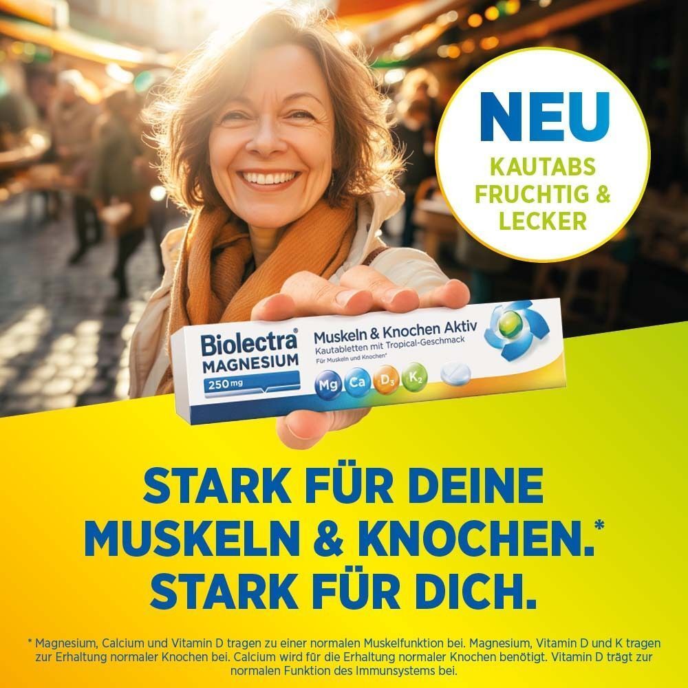 Frau hält eine Packung Biolectra Magnesium 250mg Muskeln & Knochen Aktiv. Gelb-blaue Verpackung. Text: Stark für deine Muskeln & Knochen.