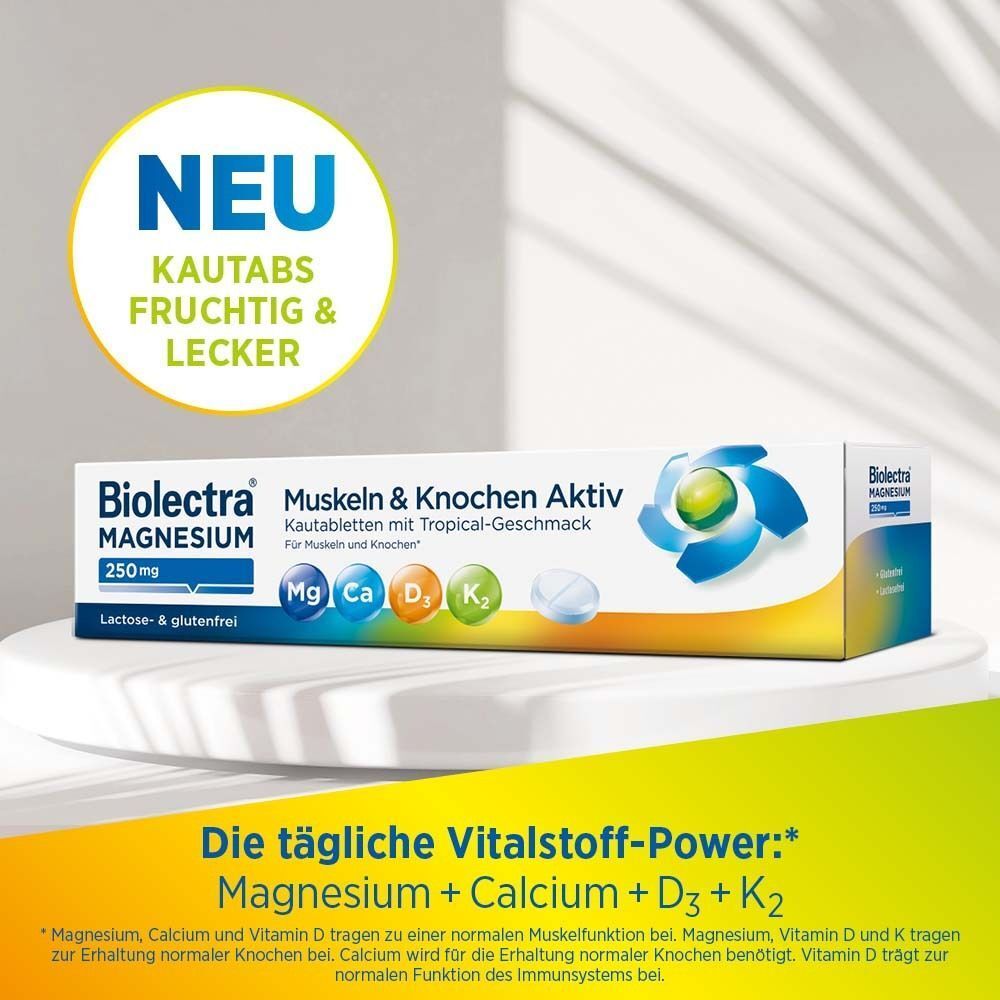 Packung Biolectra Magnesium 250mg Muskeln & Knochen Aktiv. Gelb-blaue Verpackung. Text: Die tägliche Vitalstoff-Power: Magnesium + Calcium + D3 + K2.