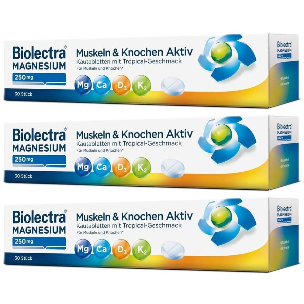 Drei Packungen Biolectra Magnesium 250mg Muskeln & Knochen Aktiv. Jede Packung enthält 30 Kautabletten mit Tropical-Geschmack.