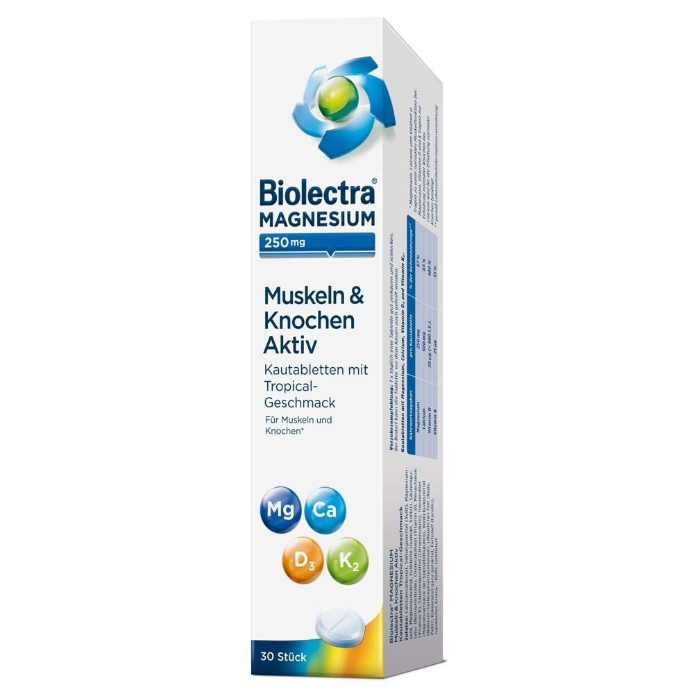 Biolectra Magnesium 250mg Muskeln & Knochen Aktiv Packung. Enthält 30 Kautabletten mit Tropical-Geschmack. Auf der Seite sind Informationen abgedruckt.