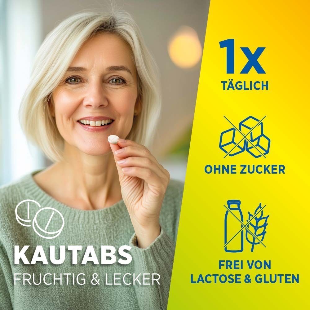 Frau nimmt eine Kautablette. Text: Ohne Zucker, frei von Lactose & Gluten. Kautabs, fruchtig & lecker.