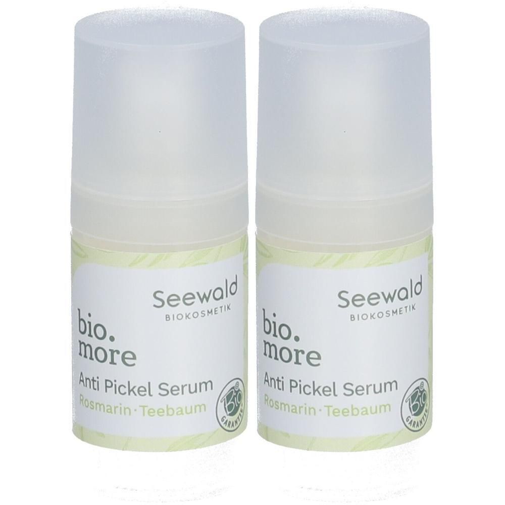 Zwei Flaschen Seewald Biokosmetik bio.more Anti Pickel Serum Rosmarin-Teebaum mit transparentem Deckel.