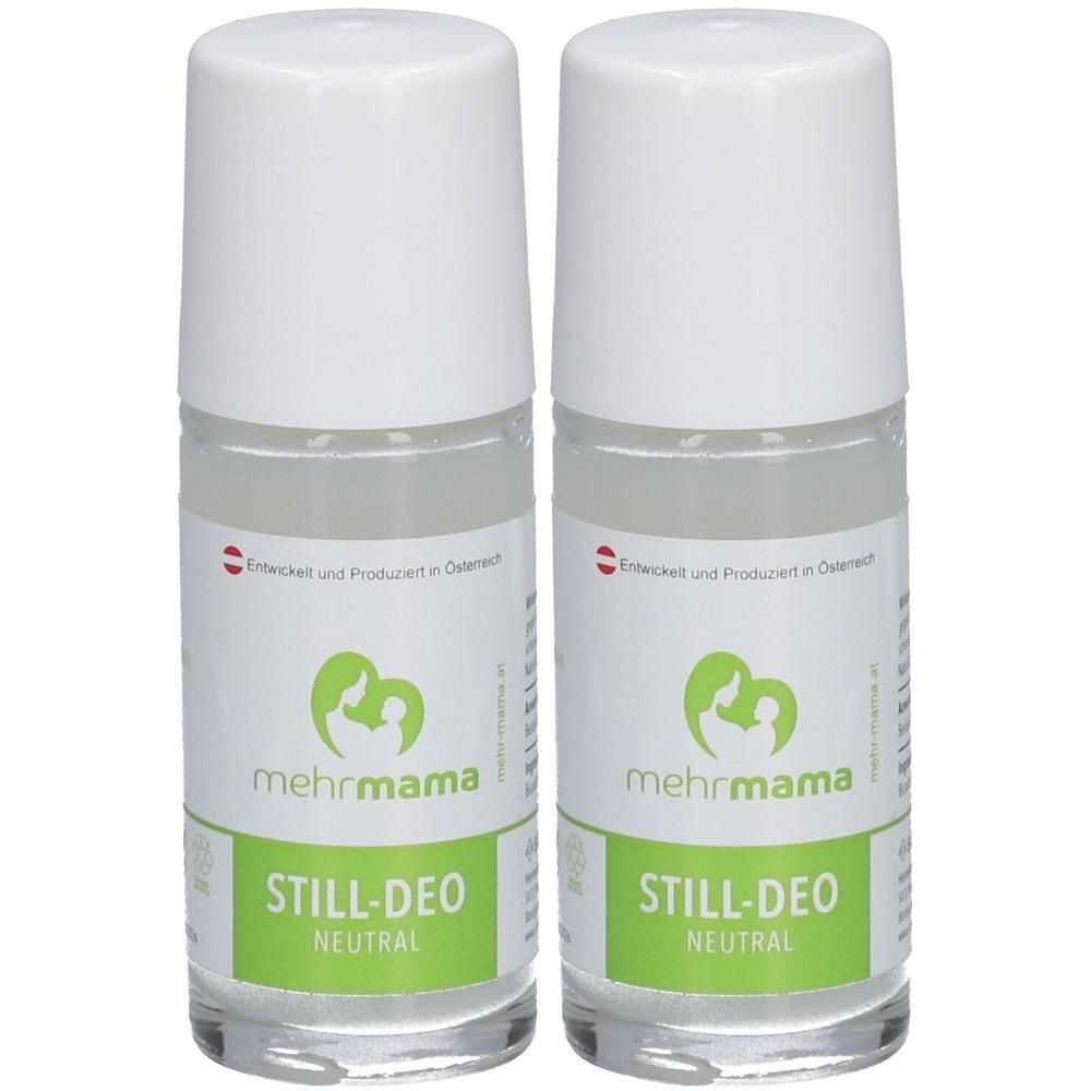 Zwei Roll-on-Deodorants mit weißem Deckel. Aufschrift: MehrMama Still-Deo Neutral. Grünes Etikett mit Logo und Text. Hergestellt in Österreich.