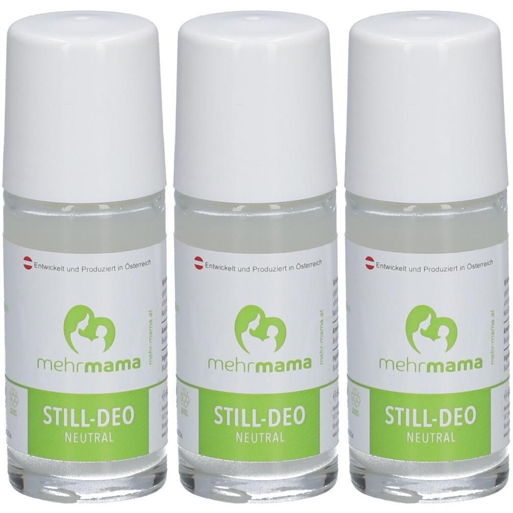 Drei Roll-on-Deodorants mit weißem Deckel. Aufschrift: MehrMama Still-Deo Neutral. Grünes Etikett mit Logo und Text.