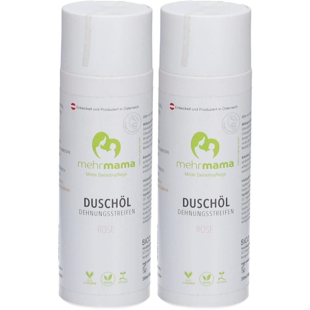 Zwei weiße Flaschen MehrMama Duschöl Rose. Aufschrift: Duschöl Dehnungsstreifen. Logo: Mutter mit Kind. Hergestellt in Österreich.