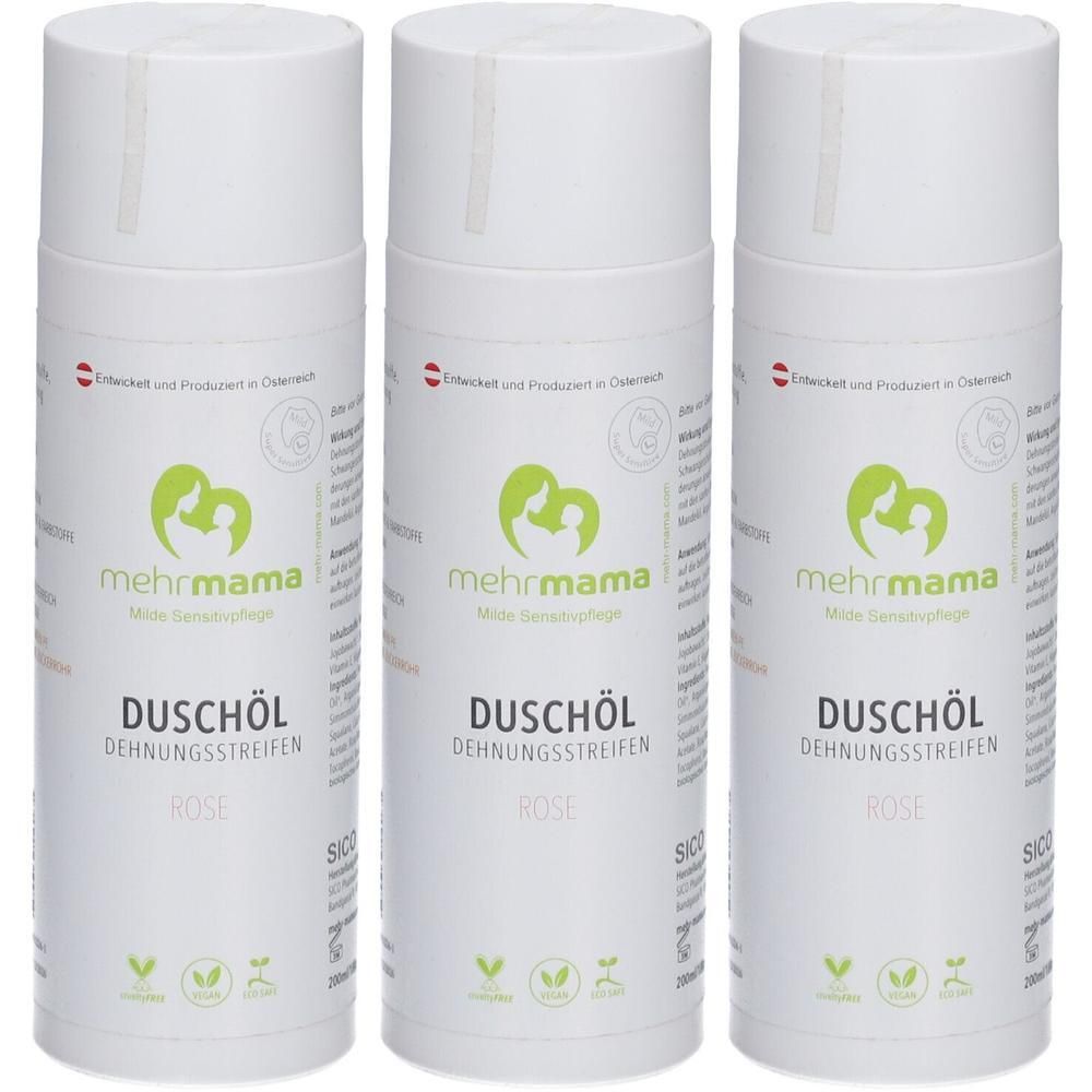 Drei weiße Flaschen mit grünem Logo und Text. Aufschrift: MehrMama, Duschöl, Dehnungsstreifen, Rose. Zertifizierungen.