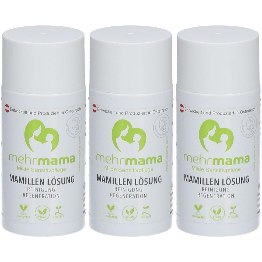 Drei weiße Flaschen mit Deckel. Aufschrift: MehrMama Mamillen Lösung. Vegan-Siegel.