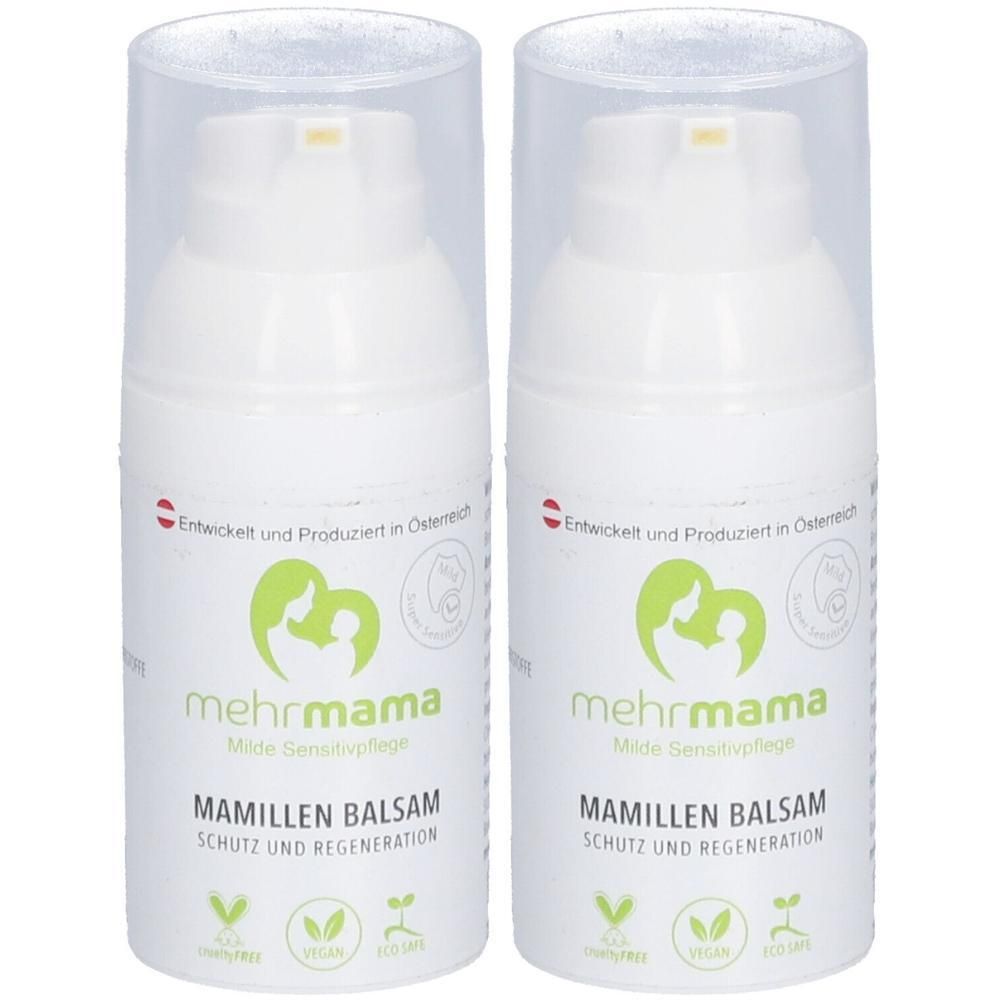 Zwei weiße Flaschen mit transparenten Deckeln. Aufschrift: MehrMama Mamillen Balsam, Schutz und Regeneration. Vegan-Siegel.